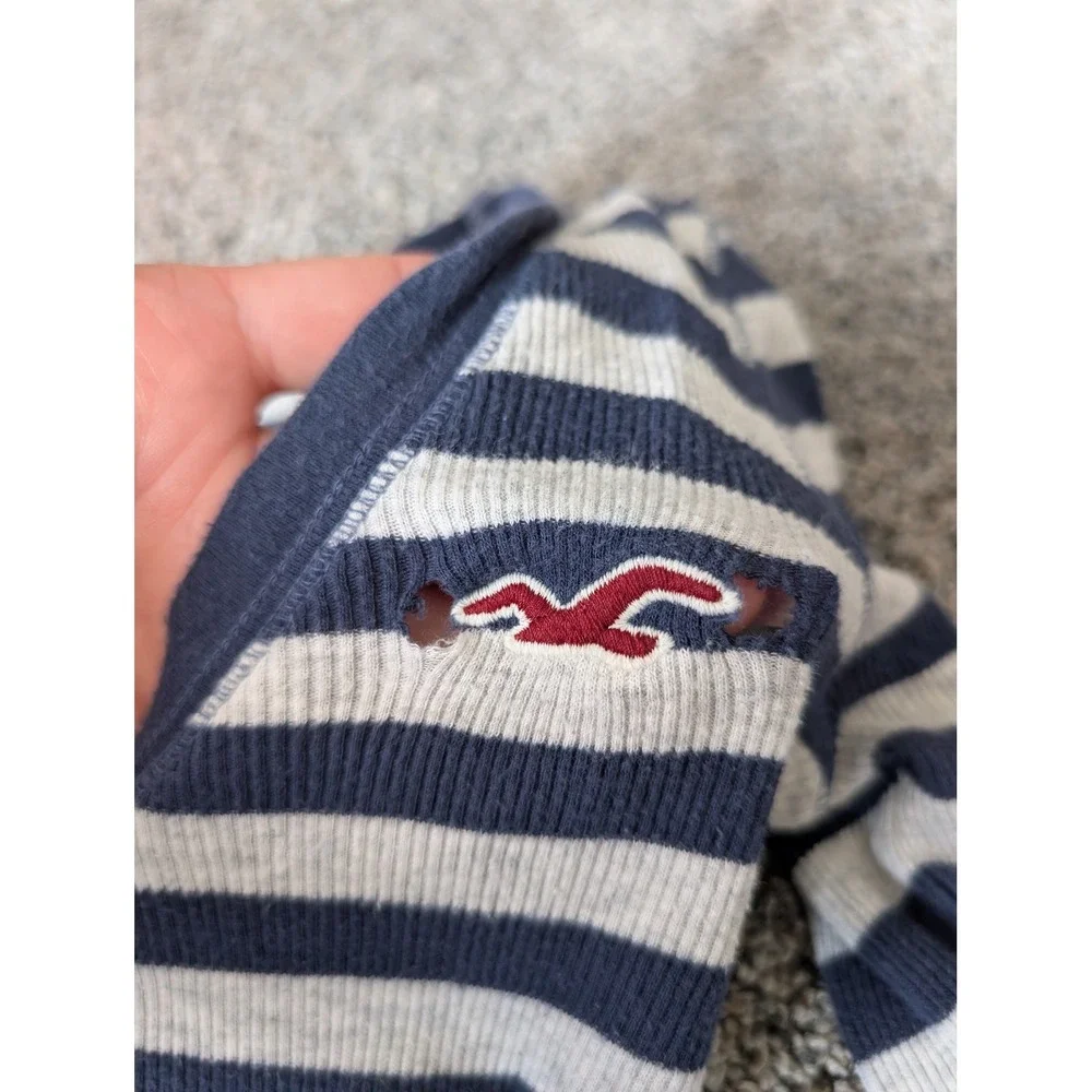 Hollister SoCal Stretch Navy Grey Striped Ribbed Scoop Neck Long Sleeve Top S - Picture 4 of 5